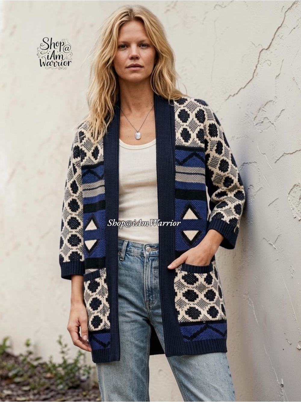 Lucky Brand Geometric Jacquard Long Boho Southwestern Cardigan w/ Patch Pockets